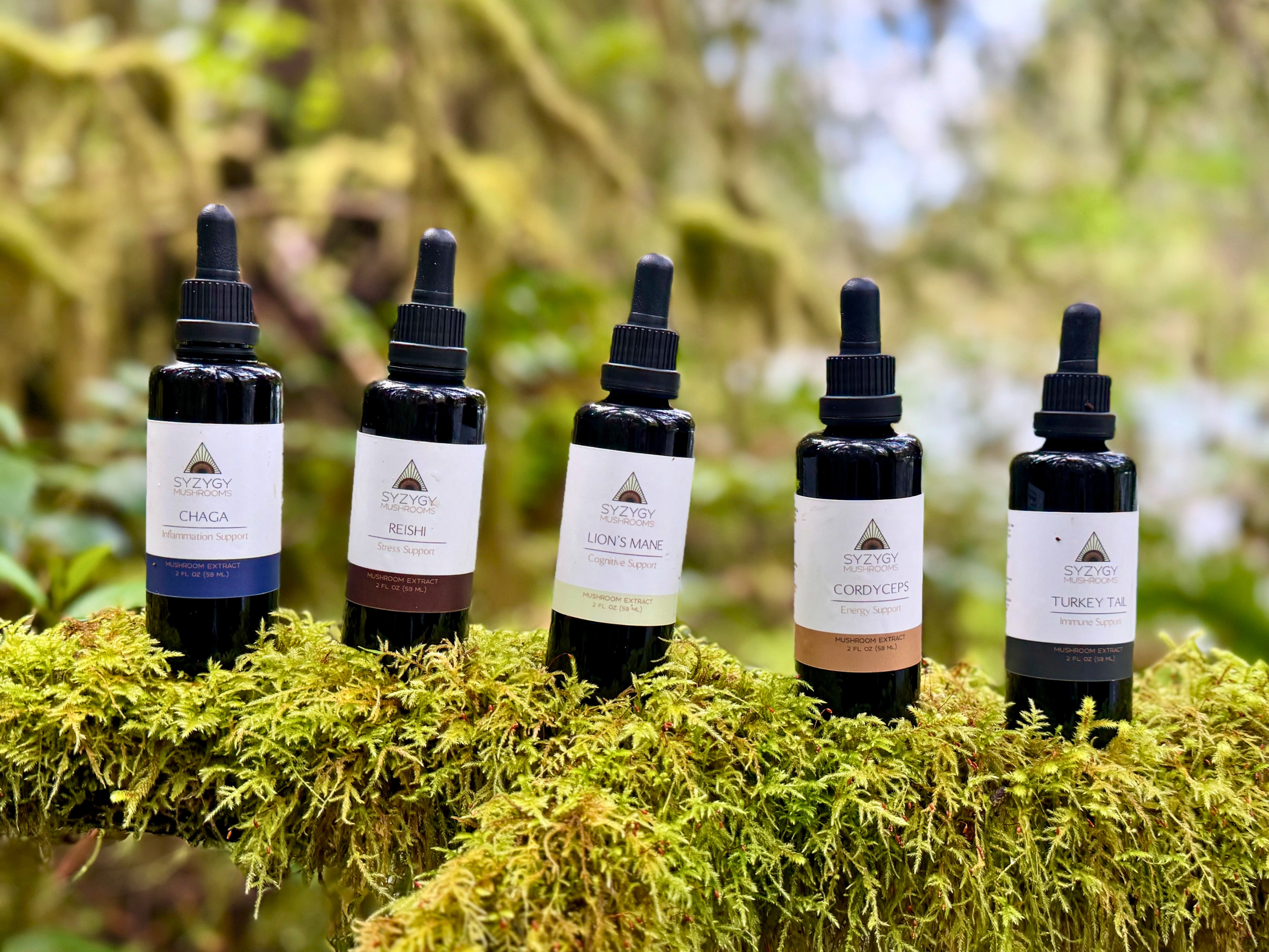 Five dropper bottles with labels on a mossy surface outdoors